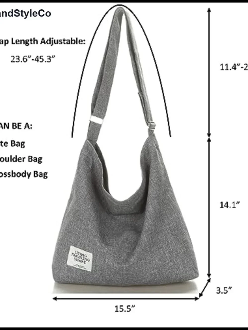 Canvas Hobo Crossbody Shoulder Bag Tote Zip Closure Adjustable Strap